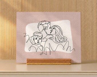 Anniversary Gift for Parents, One Line Family Art from Photo on Oak Desk Stand