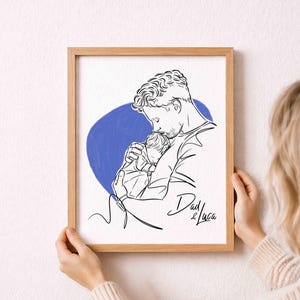 Porträtt av pappa och barn, födelsedagspresent eller julklapp till maken, anpassad linjeteckning från foto