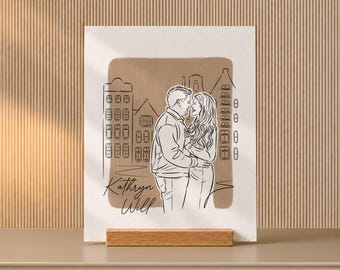 Valentines Gift for Boyfriend, Custom Line Art from Photo on Oak Desk Stand