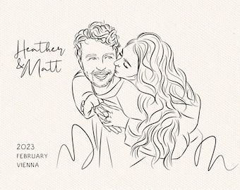 Line Art from Photo, Boyfriend Gift, Couple Cheek Kiss Portrait