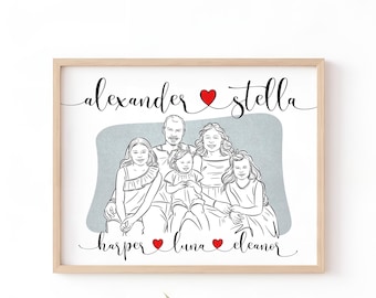 Personalized Family Line Drawing with Names, Custom Portrait from Photo, Family Christmas Gift