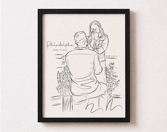 Engagement Gift for Fiance, Line Art Portrait from Photo, Framed Proposal Print