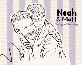 Christmas Gift for Husband, Custom Dad and Son Line Art Portrait from Photo