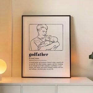 Definição de retrato de padrinho personalizado, arte de linha, lembrança | Presente de batismo minimalista | Decoração de família sentimental, presente de aniversário de padrinho