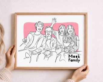 May include: A framed line art illustration of a family of four and a small dog, set against a soft pink rectangular background. The black ink drawing depicts three adults and one teenager, with the text "Mook Family" printed in the bottom right corner.