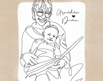 Nana Birthday Gift, One Line Art from Photo with Custom Name, Portrait