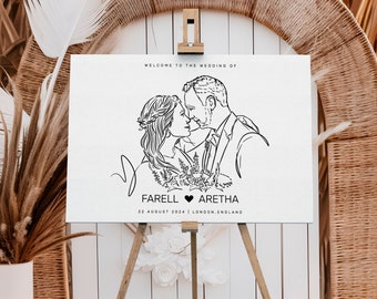 Custom Wedding Welcome Sign Portrait - Personalized Entrance Signage, Unique Guest Book, Customizable Couple Illustration, Wedding Decor