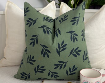 Cotton Linen Green With Leaves Pillow Cover Green Linen Cushion Pillow Cover for Home Decor Scatter Pillow Covers (All Sizes)