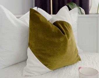 Velvet Colorblock Pillow Cover Khaki Green Off White Pillow Cushion Cover (Any Custom Size & Color)