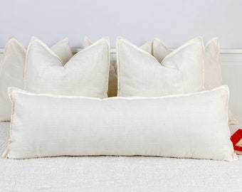 Natural Off White Linen Lumbar Pillow Cover Flanged Linen Cream Long Pillow Cover Accent Pillow, Linen Lumbar Cushion Cover (All Sizes)