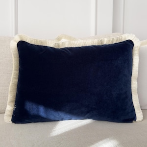Velvet Lumbar Navy Blue Pillow Cover with Fringe Custom Trim Color Decorative Velvet Cushion Cover (All Sizes)