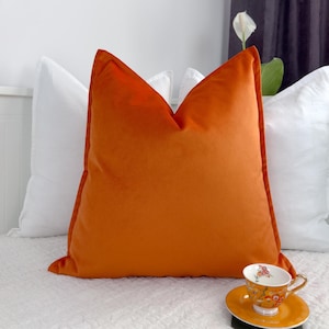 Velvet Bright Orange Pillow Cover Flanged Cushion Cover Orange Velvet Lumbar Pillow Cover (All Sizes)
