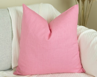 Natural Washed Linen Pink Pillow - Cushion Cover, Washed Linen Pink Pillowcase, (Any Custom Size)
