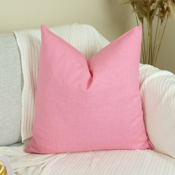 Natural Washed Linen Pink Pillow - Cushion Cover, Washed Linen Pink Pillowcase, (Any Custom Size)