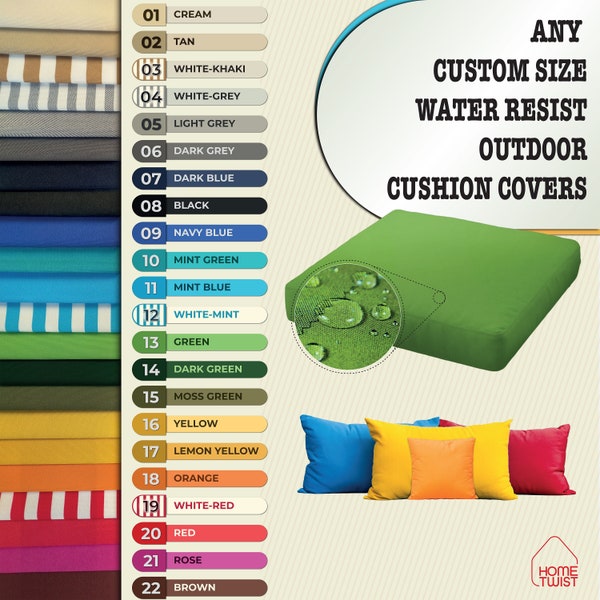 Outdoor Water Resist Patio Pillow Covers, Garden Patio Cushion Covers, Outdoor Bench Pillow Covers, (ANY CUSTOM SIZE) (22 Color) Cover Only