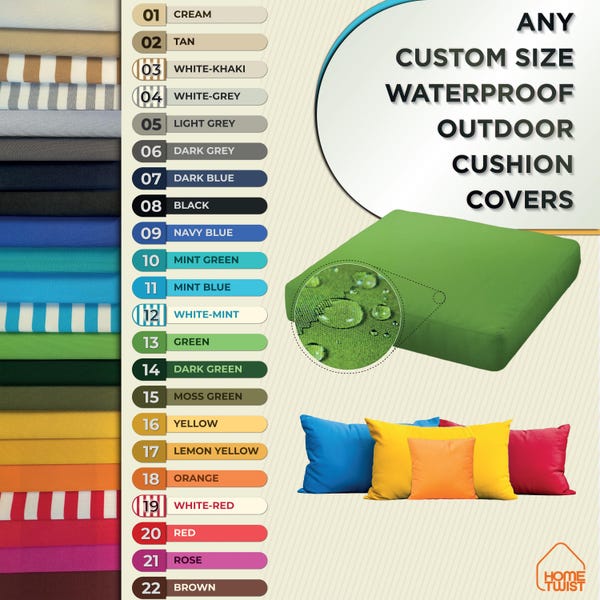 Housse de coussin imperméable d'extérieur de rechange, Housses de coussin pour terrasse de jardin, Housses de coussin d'extérieur, TOUTES LES DIMENSIONS PERSONNALISÉES, Housse (22 couleurs)