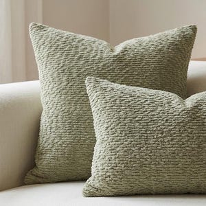 May include: Two sage green throw pillows with a textured, ribbed surface. One pillow is square and the other is rectangular. The fabric has a consistent, raised horizontal pattern across the entire surface of both cushions, providing a tactile appearance.
