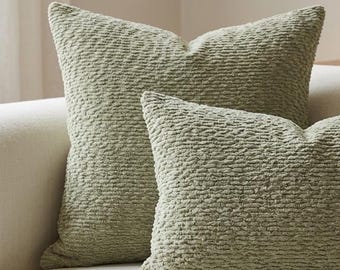 Funda de almohada de chenilla verde salvia, cojín lumbar de algodón texturizado, decoración moderna para el hogar.