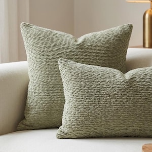 Sage Green Chenille Pillow Cover, Textured Cotton Lumbar Cushion, Modern Home Decor