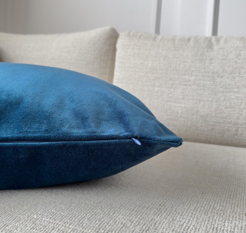 May include: A teal blue velvet pillow with a zipper closure.