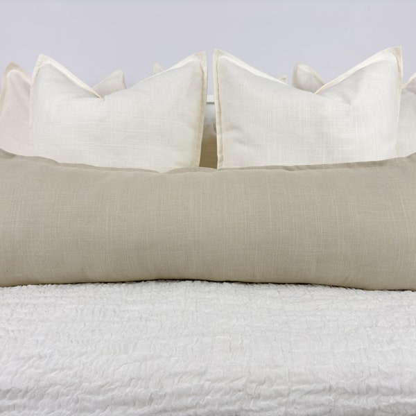 Natural Beige Linen Lumbar Pillow Cover Flanged Linen Ivory Long Pillow Cover Accent Pillow, Linen Lumbar Cushion Cover (Any Custom size)