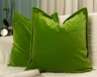 Velvet Apple Green Pillow Cover Flanged Green Lumbar Pillow Cover  (All Sizes)
