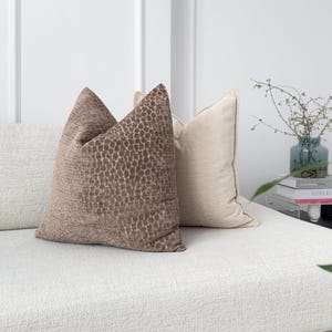 Puede incluir: Dos cojines decorativos sobre un sof&aacute; blanco texturizado. Un coj&iacute;n es de color beige liso, y el otro es de color marr&oacute;n con un patr&oacute;n texturizado. Los cojines est&aacute;n colocados contra una pared blanca.
