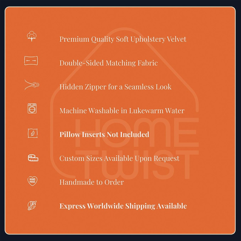 Op de afbeelding: Een oranje afbeelding met witte tekst die kusseneigenschappen beschrijft. De tekst bevat "Premium Quality Soft Upholstery Velvet", "Double-Sided Matching Fabric" en "Hidden Zipper for a Seamless Look". Er staat ook "Pillow Inserts Not Included".