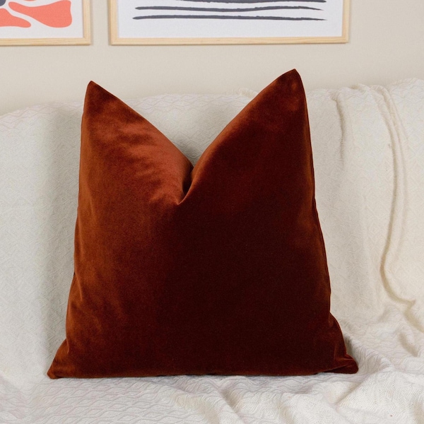 Cotton Velvet Terracotta Throw Pillow Cover;Rust Cushion Cover Velvet Lumbar Pillow Cover (All Sizes)