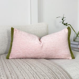 Chenille Lumbar Pillow Cover with Moss Green Fringe – Customize Fabric & Fringe Color – Decorative Throw Pillow (All Sizes)