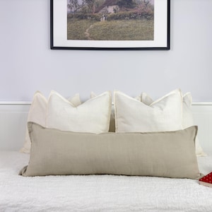 Linen Beige Lumbar Pillow Cover Flanged Linen Ivory Long Pillow Cover Lumbar Cushion Cover (Any Custom size)