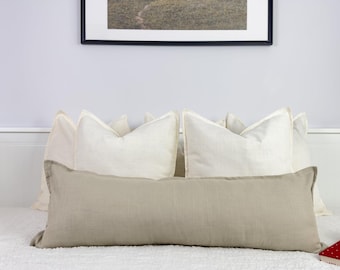 Linen Beige Lumbar Pillow Cover Flanged Linen Ivory Long Pillow Cover Lumbar Cushion Cover (Any Custom size)