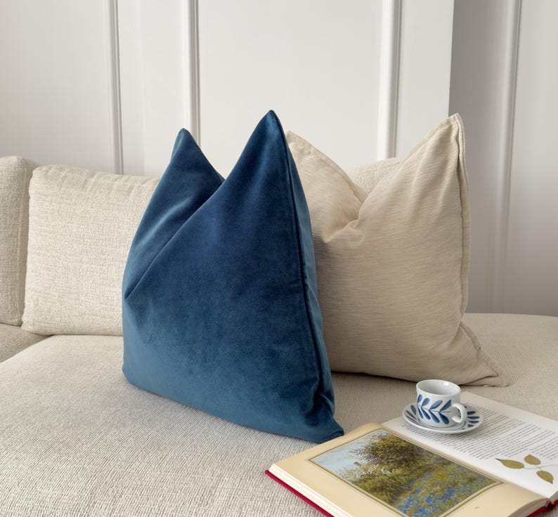 May include: A blue velvet pillow on a white couch with a beige pillow behind it. A book and a teacup are on the couch.
