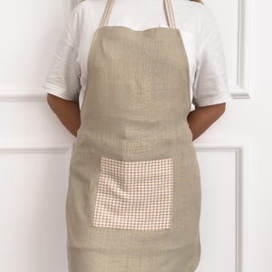 Linen Apron with Pocket Gingham Detail, Unisex Kitchen Apron for Cooking Baking Crafting, Adjustable Rustic Linen Apron (6 Color Option)