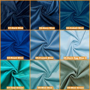 May include: Nine fabric swatches in various shades of blue and green. The swatches are arranged in a 3x3 grid. The swatches are labeled with their color names: Dark Blue, Navy Blue, Cobalt Blue, Royal Blue, French Blue, Duck Egg Blue II, Teal Green, Mint Blue, and Mint Green.