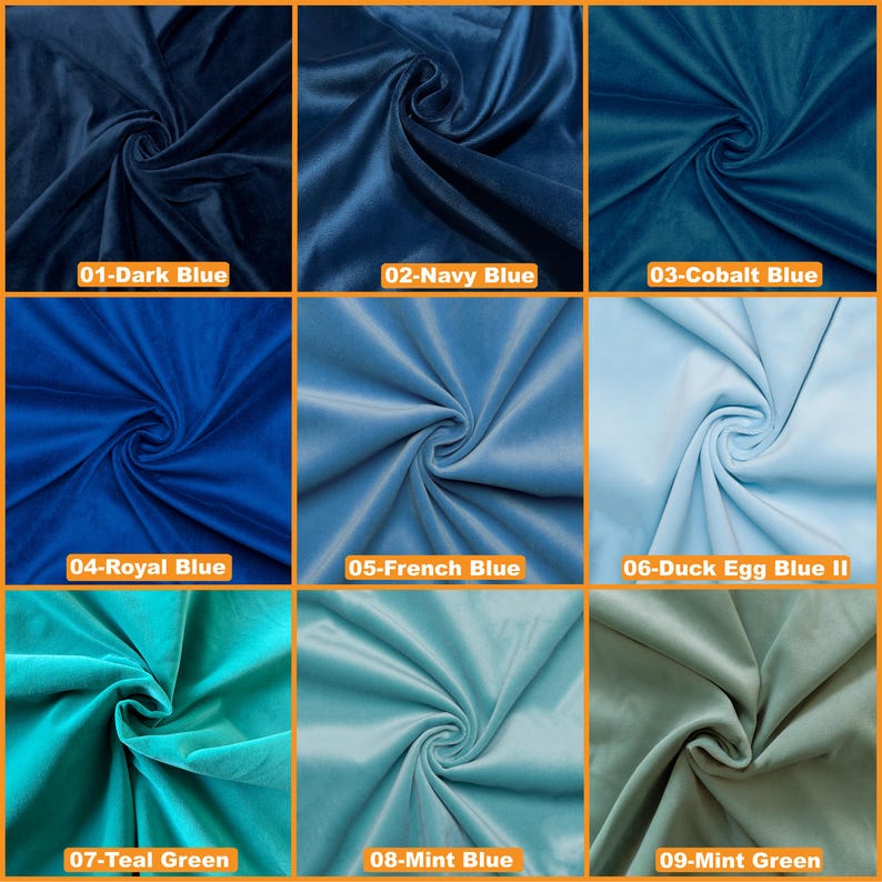 May include: Nine fabric swatches in various shades of blue and green. The swatches are arranged in a 3x3 grid. The swatches are labeled with their color names: Dark Blue, Navy Blue, Cobalt Blue, Royal Blue, French Blue, Duck Egg Blue II, Teal Green, Mint Blue, and Mint Green.