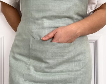 Linen Sage Green Apron with Pocket Gingham Detail, Unisex Kitchen Apron for Cooking Baking Crafting, Adjustable Linen Apron (6 Color Option)