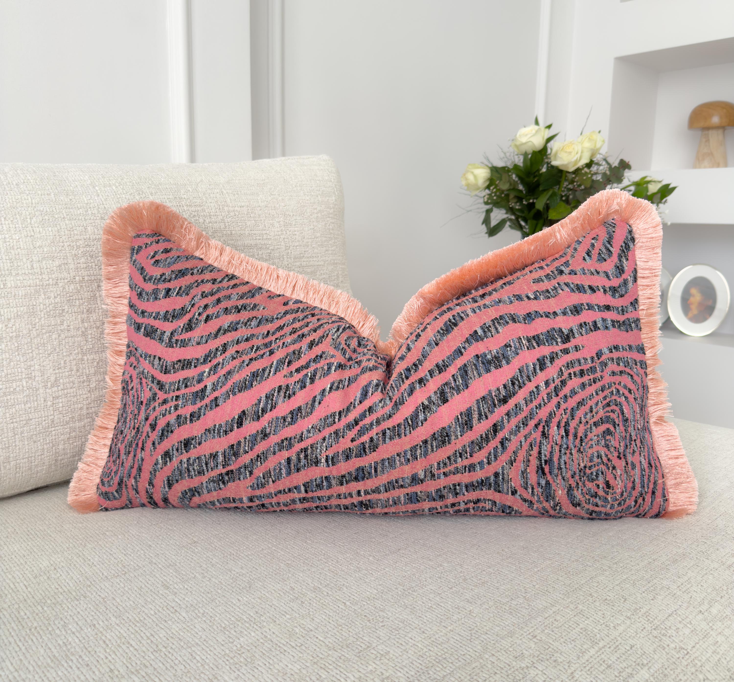 Embossed Chenille Fringed Lumbar Pillow Cover Pink Fringe Design