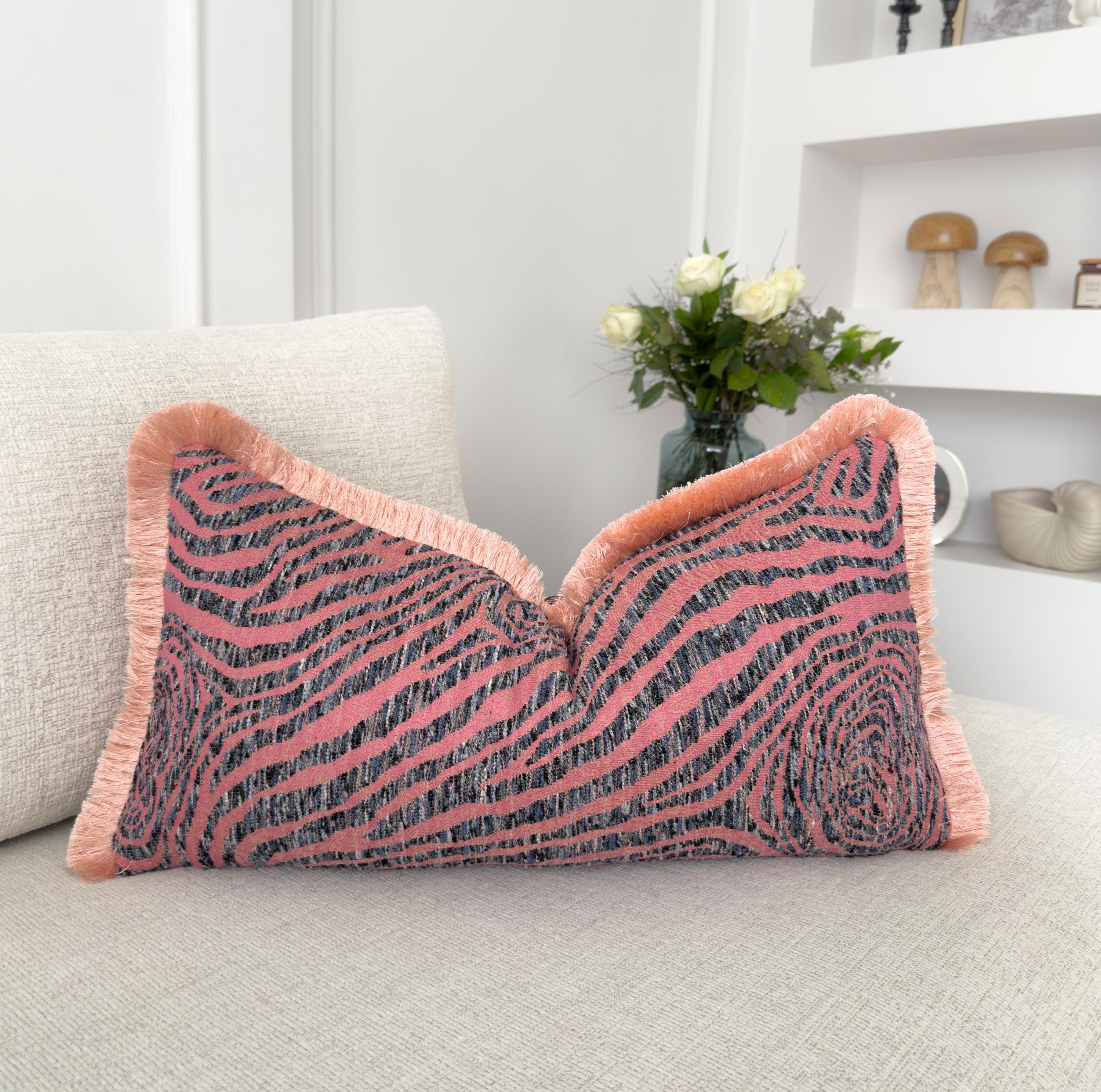 Embossed Chenille Fringed Lumbar Pillow Cover Pink Fringe Design