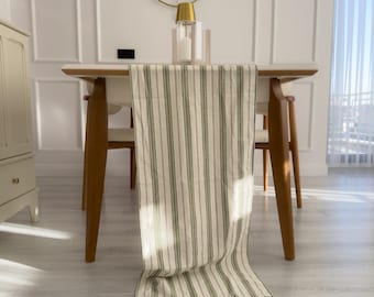 Rustic Striped Cotton Table Runner Linen Look Farmhouse Dining Decor Natural Kitchen Runner
