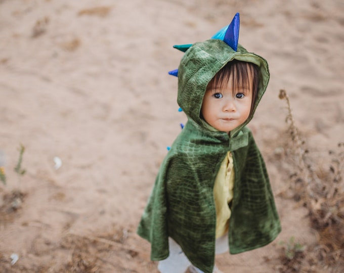 HOODED BABY DINOSAUR cape! Soft velour cape with satin finish. Toddler dinosaur cape, pretend play dressup, kids dressupy
