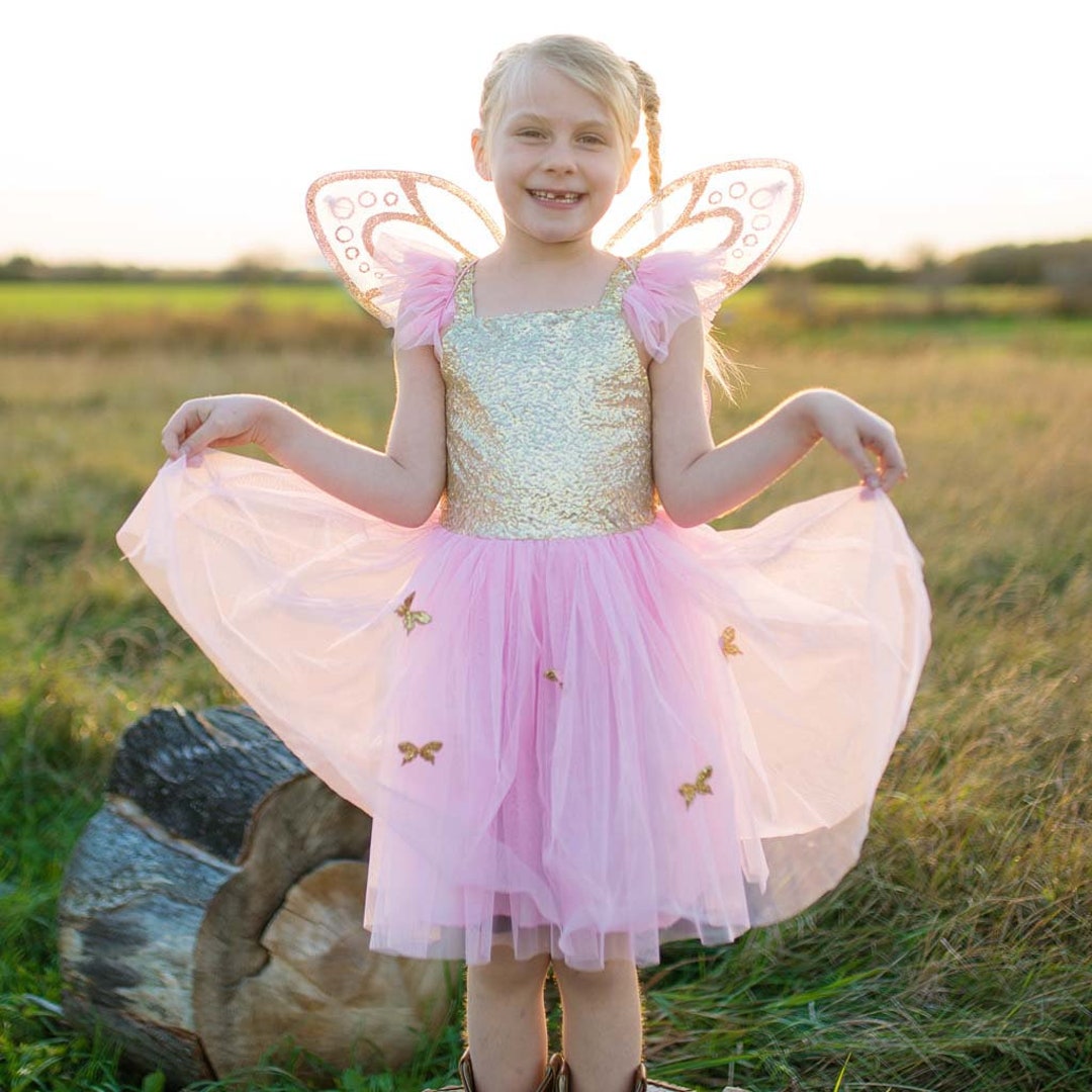 Gold Butterfly Dress With Fairy Wings, Pretend Play Dressup, Kids ...