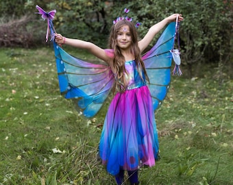 Blue Butterfly Twirl Dress with Fairy Wings and Headband, pretend play dressup, kids dressup, Blue fairy dress