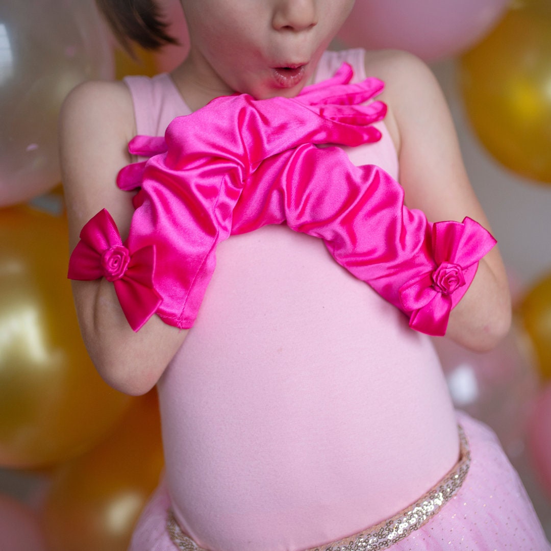 Hot Pink Princess Gloves, Kids Long Gloves, White Satin Gloves for Kids