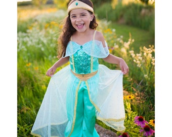 Princess Jasmine style dress, costume of Princess Jasmine for dress up play and princess outfit. Jasmine style movie inspired costume