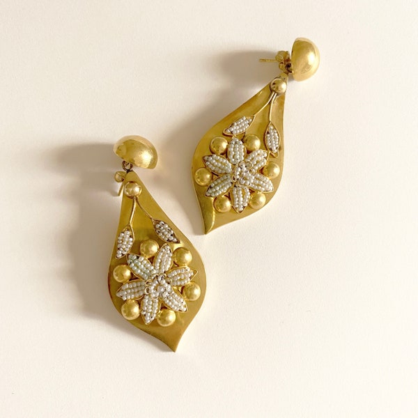 Antique Statement Earrings l 18K Large Drops with Floral Seed Pearl Motifs