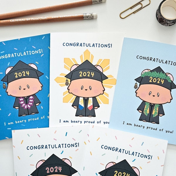 2024 Graduation Bear Greeting Cards | Class of 2024 grad bear congratulations high school college graduate kawaii grad cute bear cap gown