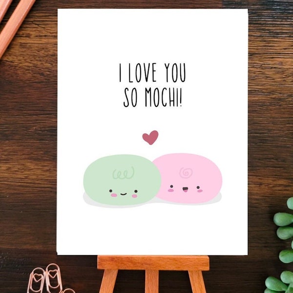 I Love You So Mochi Greeting Card |  Cute Funny Food Dessert Pun Anniversary gift boyfriend Greeting Card