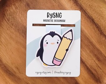 Penguin with Pencil Magnetic Bookmark | gifts for readers - book lover - cute bookmark - book nerd - cute penguin stationery - kawaii