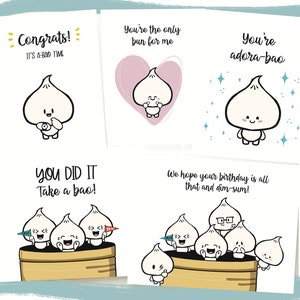 Bao Buddies Greeting Cards | Cute bao bun steamed dumpling dim-sum siopao punny birthday graduation promotion anniversary promotion  cards